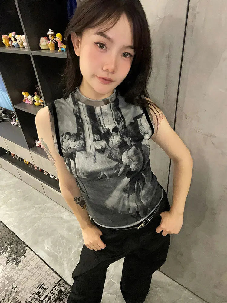 Genayooa Y2k Vintage Tank Tops Women Print Mesh Tops See Through Streetwear Sleeveless Tops Patchwork 2000s Japanese Tee Tops