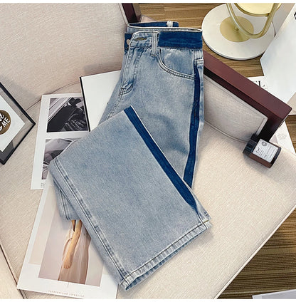 Oversize Straight Loose Jeans for Women Fashion High Waist Contrast Color Blue Denim Pants Streetwear Wide Leg Trousers