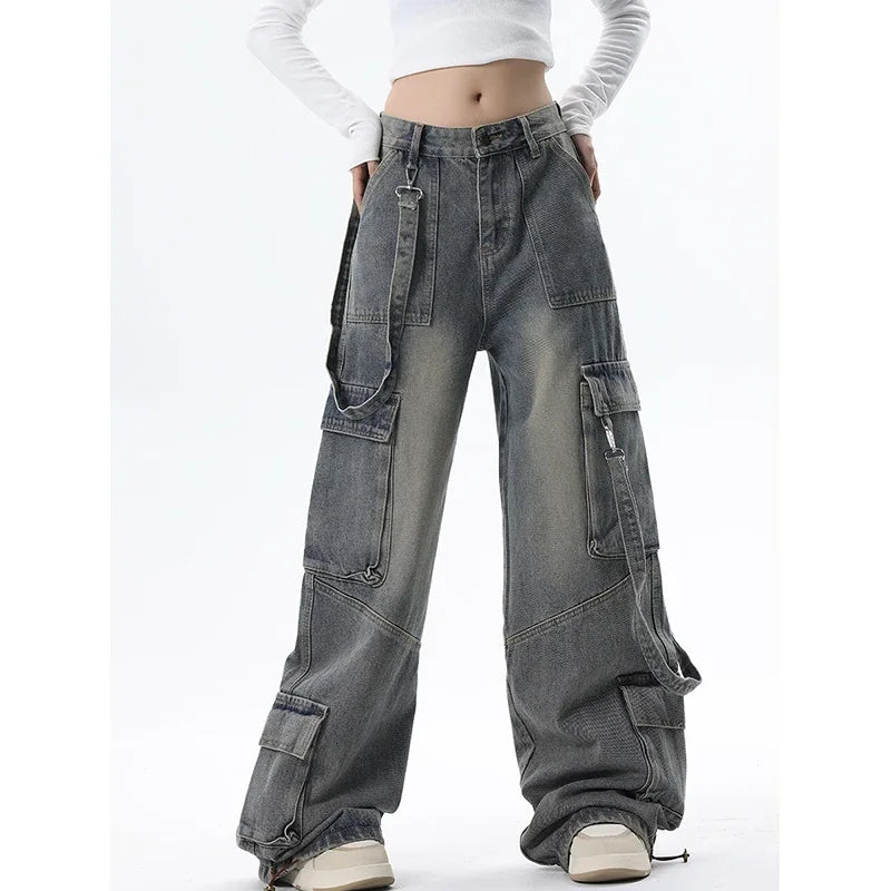 Women Blue Jeans Cargo Pants Streetwear High Waist Wide Leg Pants Fashion Y2K Style Female Winter Straight Trousers