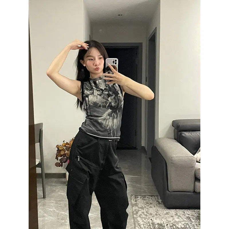 Genayooa Y2k Vintage Tank Tops Women Print Mesh Tops See Through Streetwear Sleeveless Tops Patchwork 2000s Japanese Tee Tops