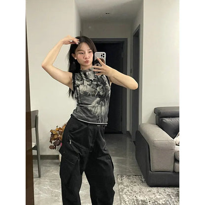 Genayooa Y2k Vintage Tank Tops Women Print Mesh Tops See Through Streetwear Sleeveless Tops Patchwork 2000s Japanese Tee Tops