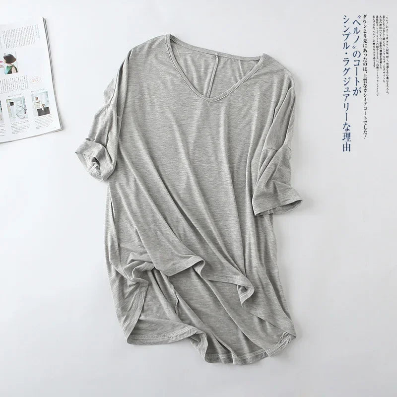 Fashion Tops Tees 2025 Summer T-shirt Women Half-Sleeve Solid Loose Shirt V-neck Oversize Basic Top Shirts for Women Casual
