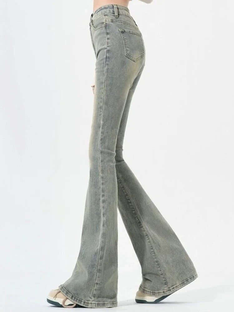 Ins Women Korean High Waist Flared Jeans Female High Street Boot Cut Pants Lady Y2k 2000s Yellow Denim Bell Bottom Trousers
