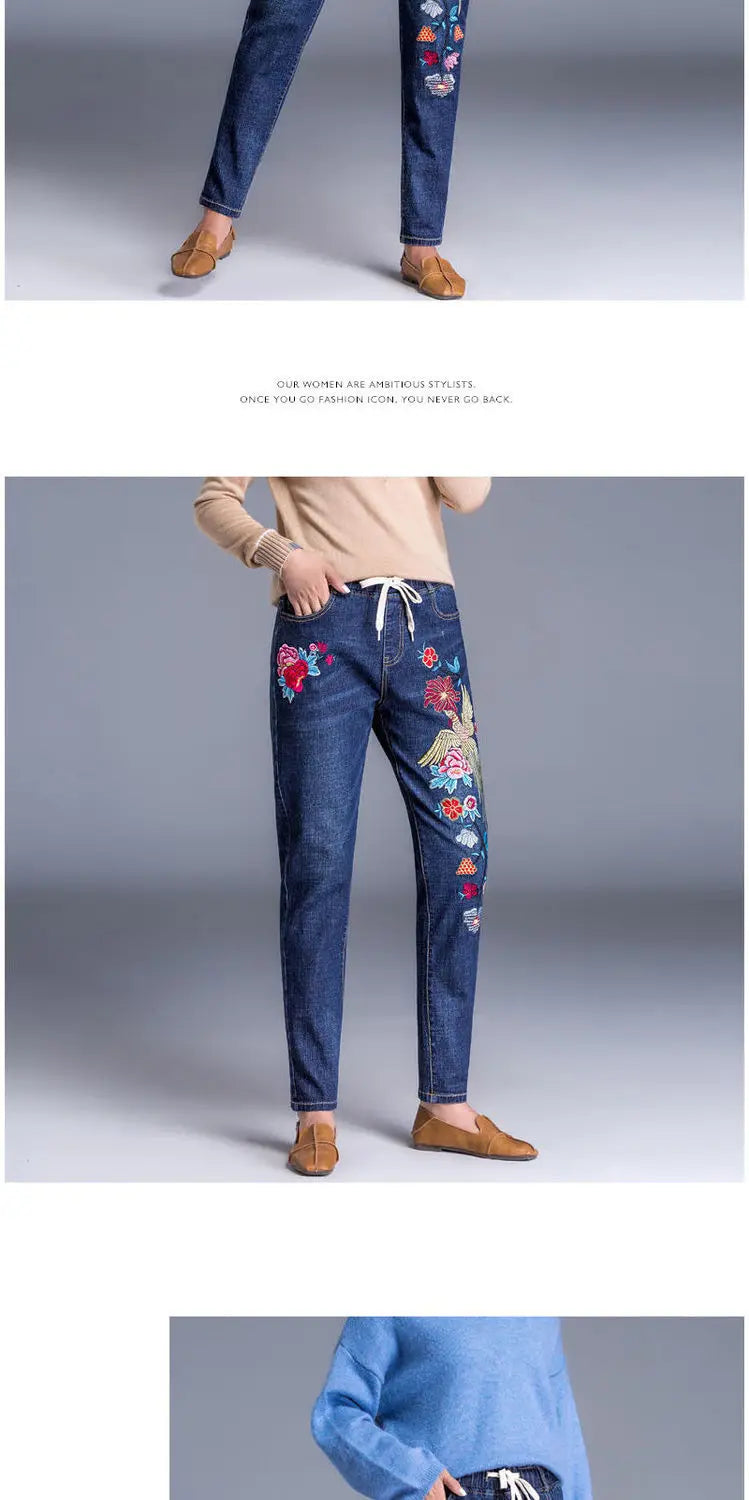 Brand Embroidery Jeans Womens Light Blue Elastic Waist Denim Pants High Waist Straight Leg Cropped Cut Jeans Spring Female
