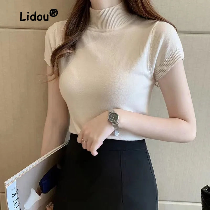 Womens Tops And Blouses Summer Short Sleeve Blouse Women Blusas Mujer De Moda 2023 Turtleneck Knitted Blouse Shirt Tops