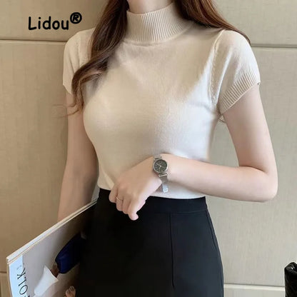 Womens Tops And Blouses Summer Short Sleeve Blouse Women Blusas Mujer De Moda 2023 Turtleneck Knitted Blouse Shirt Tops