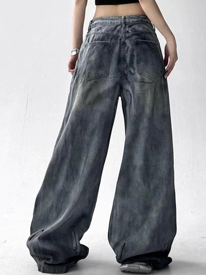 Women Tie Dye Ripped Jeans Woman Abandoned Soil Style Wide Leg Pants Summer Loose Workwear Denim Retro Vintage Trousers