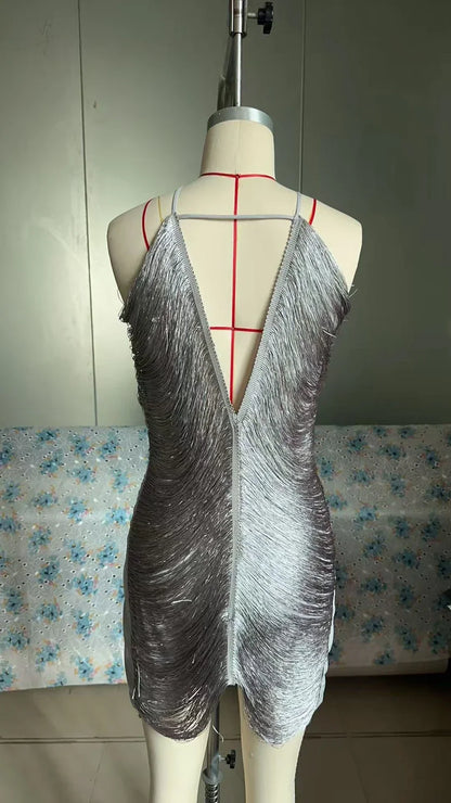 Fringe V-neck Mini Dress Halterneck Vestidos Women Elegant Cut Out Short Dress Fashion Patchwork Asymmetric Tassel Decor Dresses