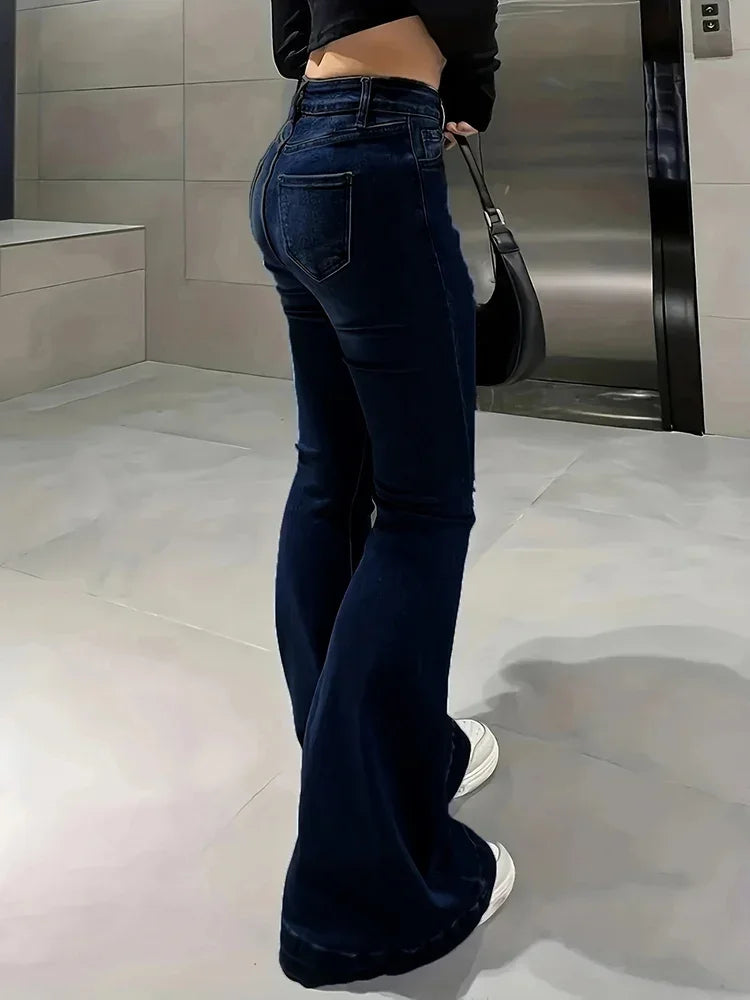 Women High Waist Flare Jeans Lady Fashion Comfortable Bootcut Denim Pants Female Slim Fit Bell Bottoms Retro Blue Nice Trousers
