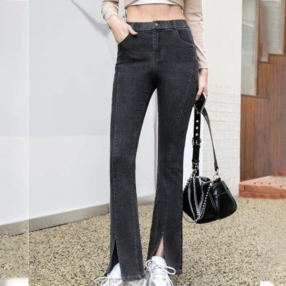 Women Fashion Split Micro Flared Jeans Korean Skinny High Waist Slim Denim Pants Simple Versatile Solid Stretchy Jean Trousers