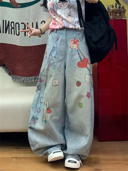 Women's Jeans American Retro Wide Fit Baggy Denim Pants Y2k Vibe Wide-legged Dragging Pants Trousers High Street Japanese New