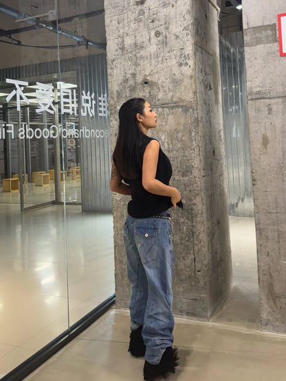 Vintage American-Style Washed Jeans for Women, Mid-Low Waist Design, Loose Wide-Leg, Height-Enhancing, Washed Blue Jeans, Paris Buckle Adjustable Three-Dimensional Arc-Shaped Knife-Cut Trousers