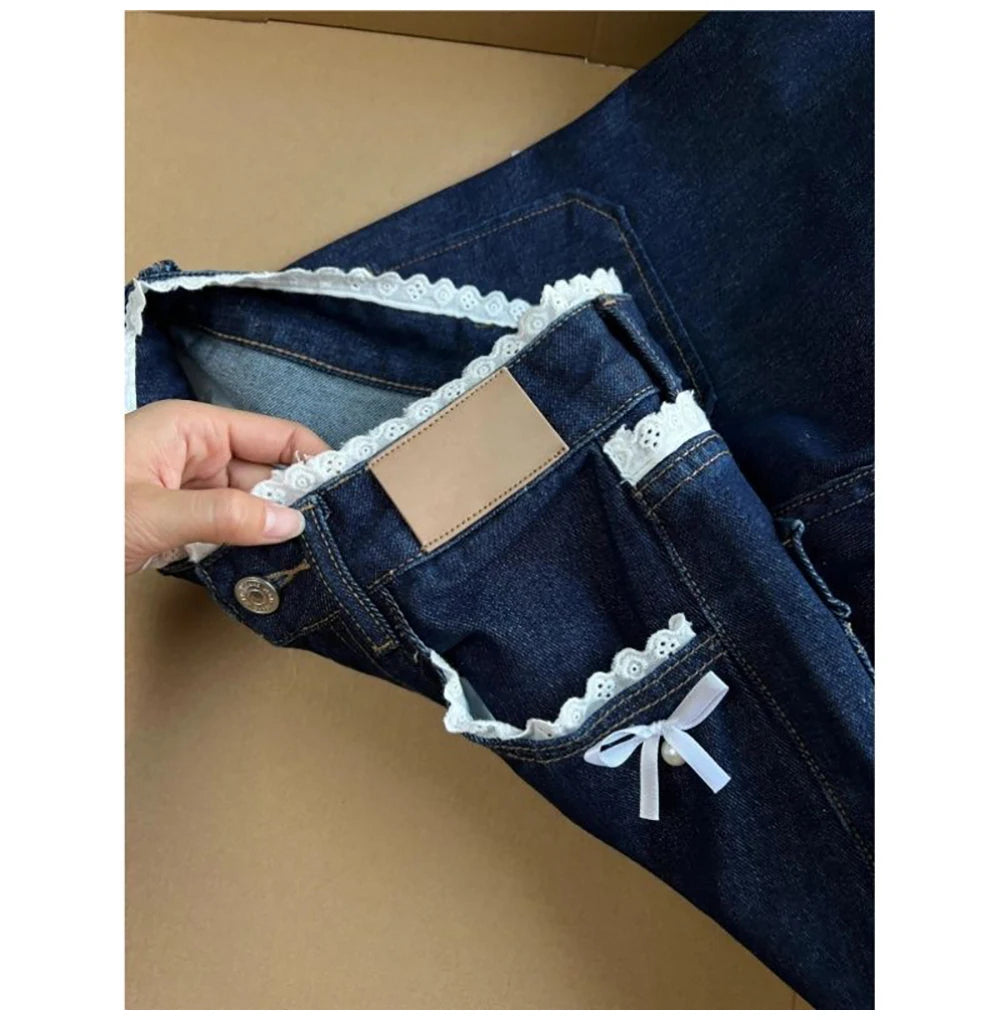 Retro Dark Blue Denim Pants for Women Spring Autumn Sweet Lace Bow Jeans Female American Style Straight Loose Wide Leg Pants