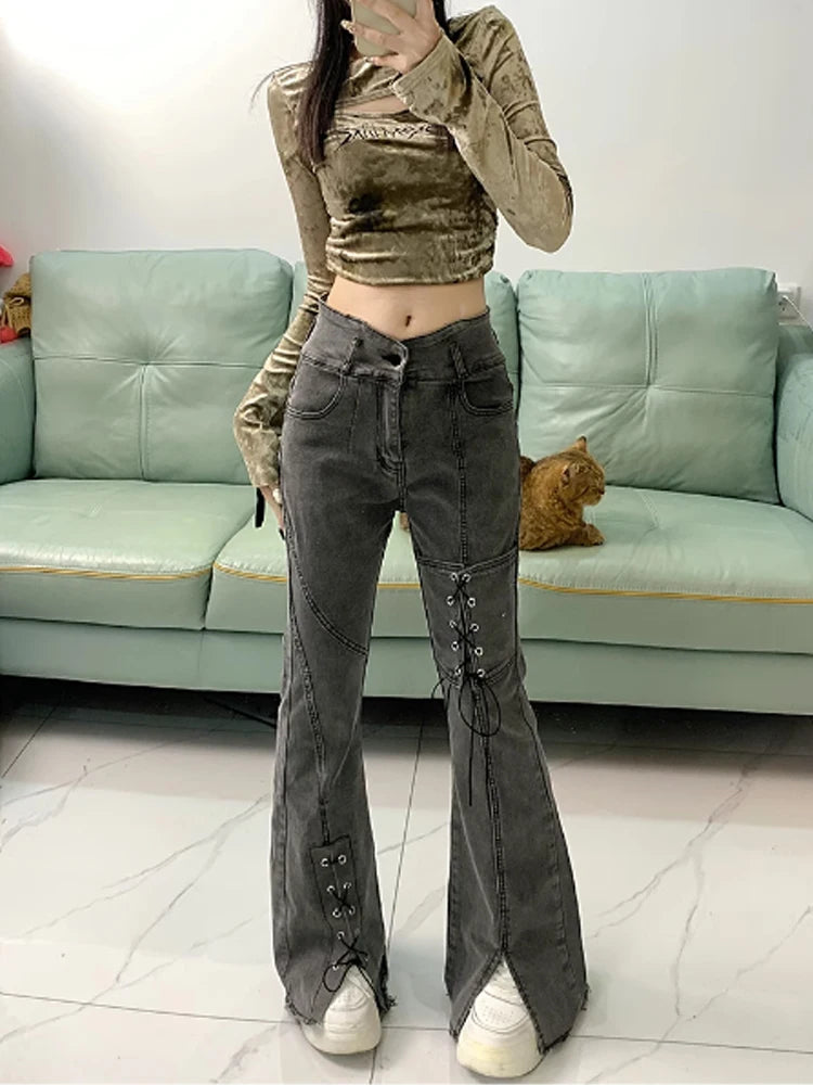 Women's Y2k Flare Jeans Baggy Trashy Aesthetic Lace-up Denim Trousers Harajuku Jean Pants Vintage Japanese 2000s Style Clothes