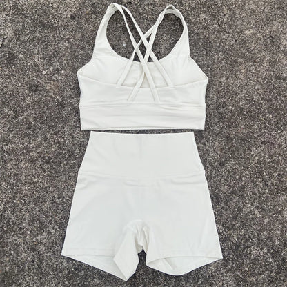 Yoga Clothes Set 2 Piece Gym Sports Shorts Set Women Cross Back Bra Top High Waist Shorts Fitness Suit Running Workout Tracksuit