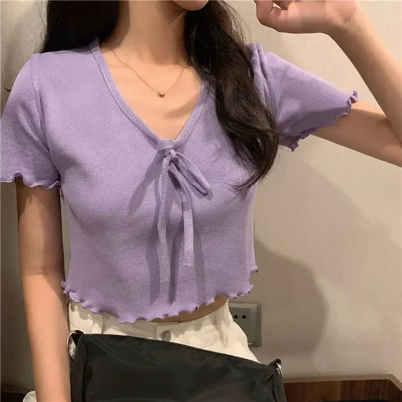 Tops Woman Short Sleeve T Shirt for Women V Neck New in Knitwears Plain Sexy Crop Korean Fashion Reviews Clothes Many Polyester