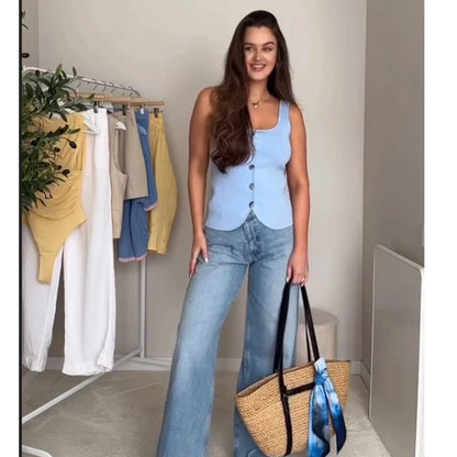 Tops Women's 2025 New Summer Knit Tops Fashion Elastic Slim Knit Elegant Holiday Young Women Tops Street Chic Student Camis Tops