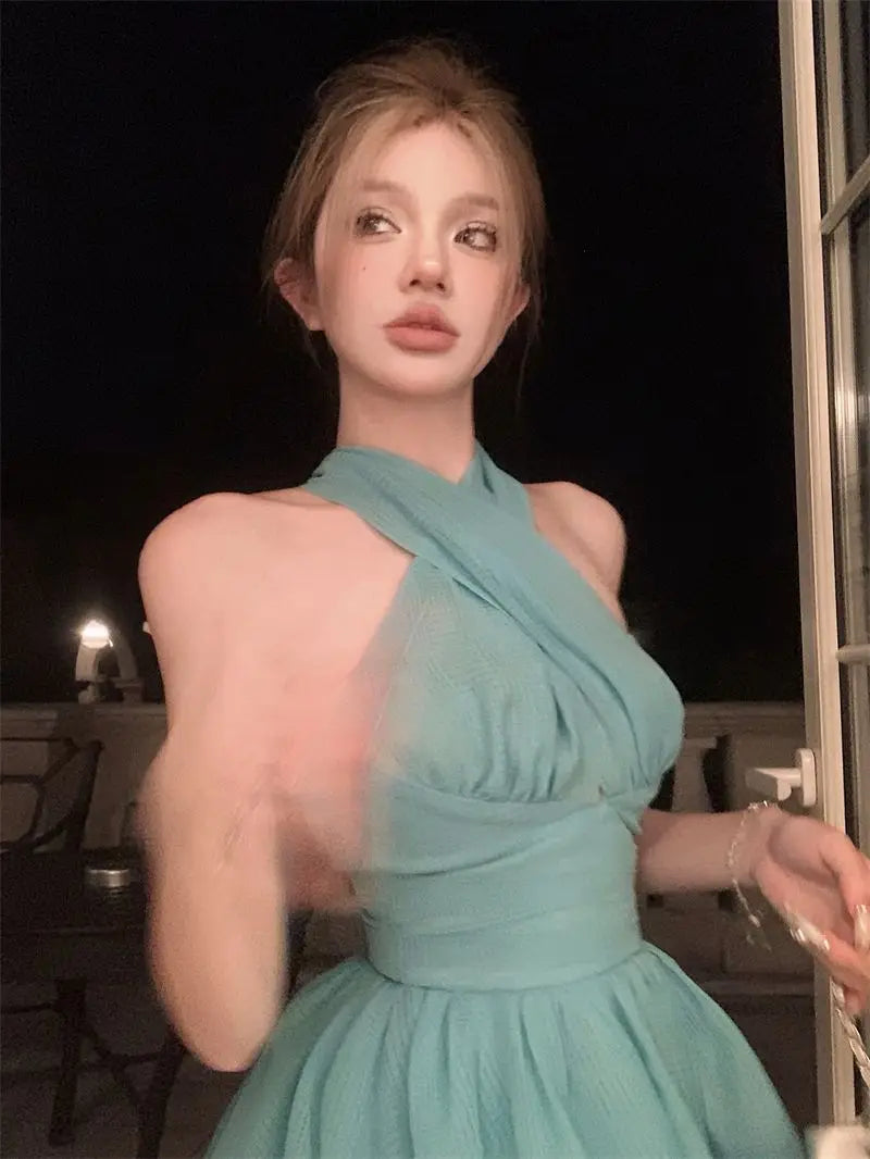 Women Sexy Halter Mini Dress Elegant A-line Puffy Hem Slim Fit Backless Ruffle Sleeveless Summer Party Vacation Wedding Outfit