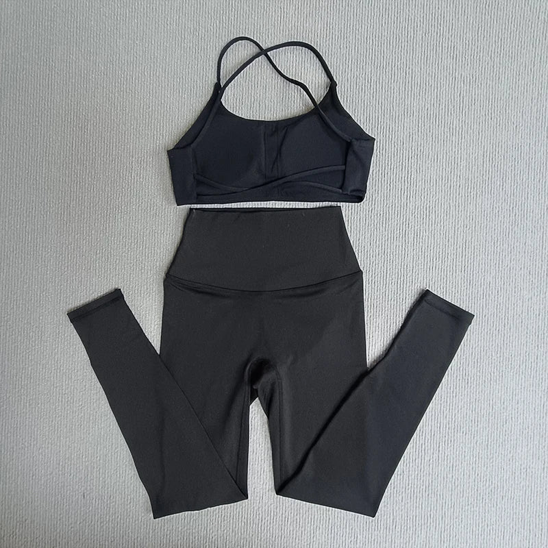 Yoga Clothes Set 2 Pcs Gym Tights Sports Set Women Sweat Bras Tops Compression Leggings Fitness Suit Running Workout Tracksuit