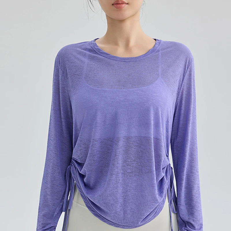 Thin Sunscreen Clothes Yoga Loose Top Drawstring Long Sleeve T-shirt Women's Gym Outdoor Exercise Clothing