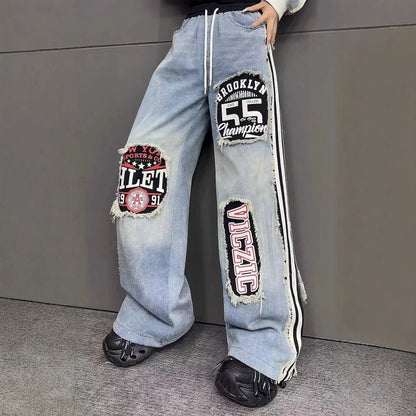 European Style Women's Jeans 2025 Autumn New Heavy-Duty Distressed Frayed Edge Letter Print Drawstring Long Pants Jeans Woman