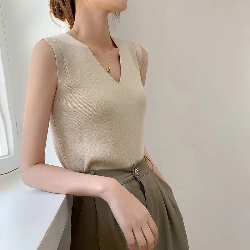 AOSSVIAO 2025 Summer Women Knitted Tank Tops Women Thin Tops Basic Casual Tank Tops V-neck Tees Sleeveless Tops For Women