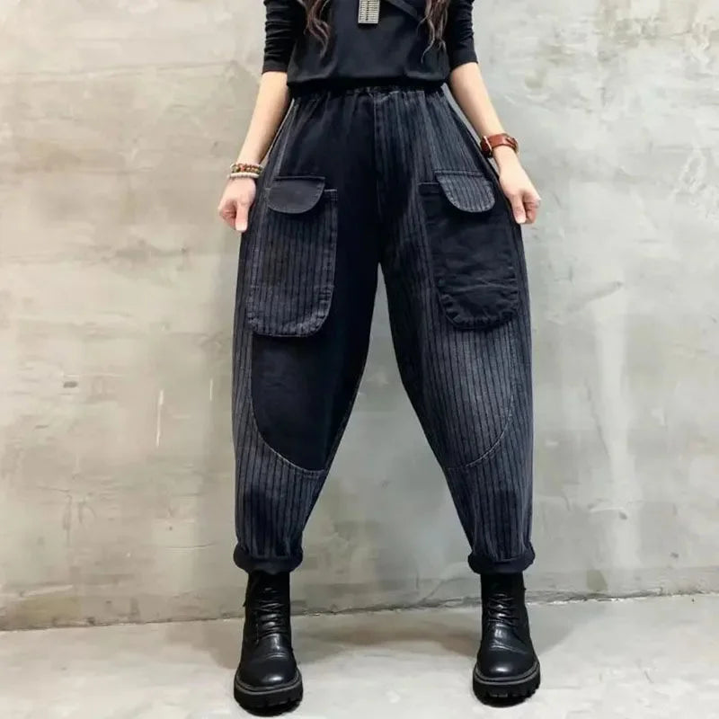 Jeans Woman High Waist Spring Summer Retro Embroidery Denim Trousers Ladies Elastic Waist Harem Pants Loose Jean Femme Pant 124