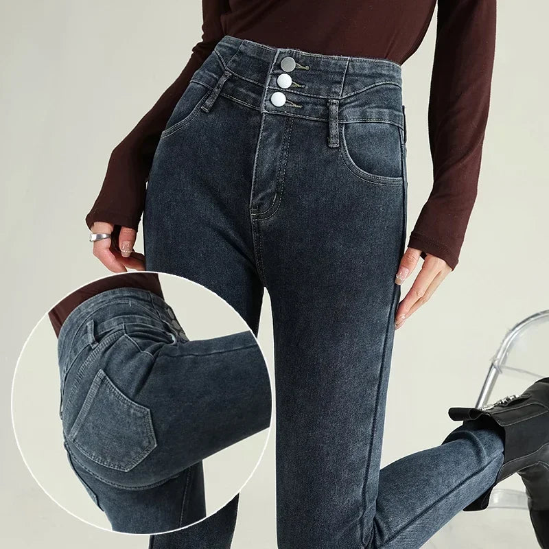 New Women's High Waist Stretch Jeans Blue Black Gray Fashionable and Versatile Multi-button Popular Slim Denim Long Pants Female