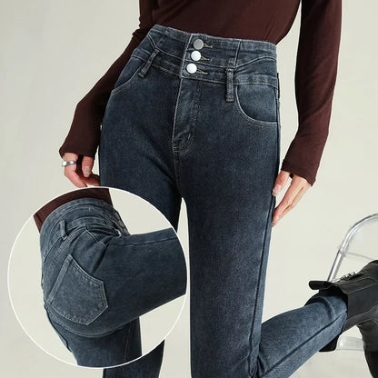New Women's High Waist Stretch Jeans Blue Black Gray Fashionable and Versatile Multi-button Popular Slim Denim Long Pants Female