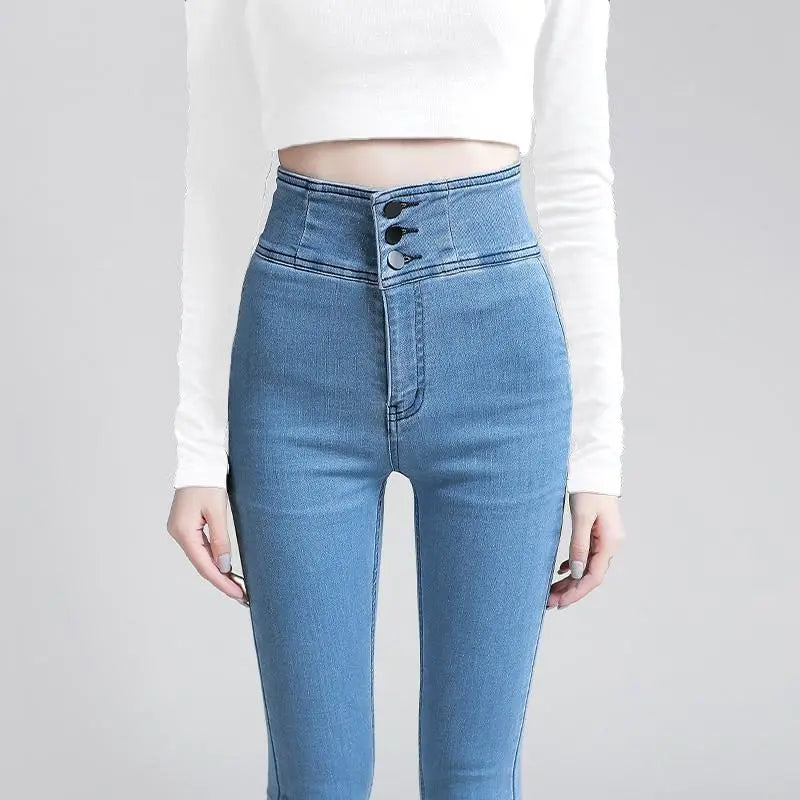 Korean Women High Waist Skinny Jeans Spring Autumn Streetwear Fashion Slim Trousers Denim Solid Button Casual Pencil Pants 2022