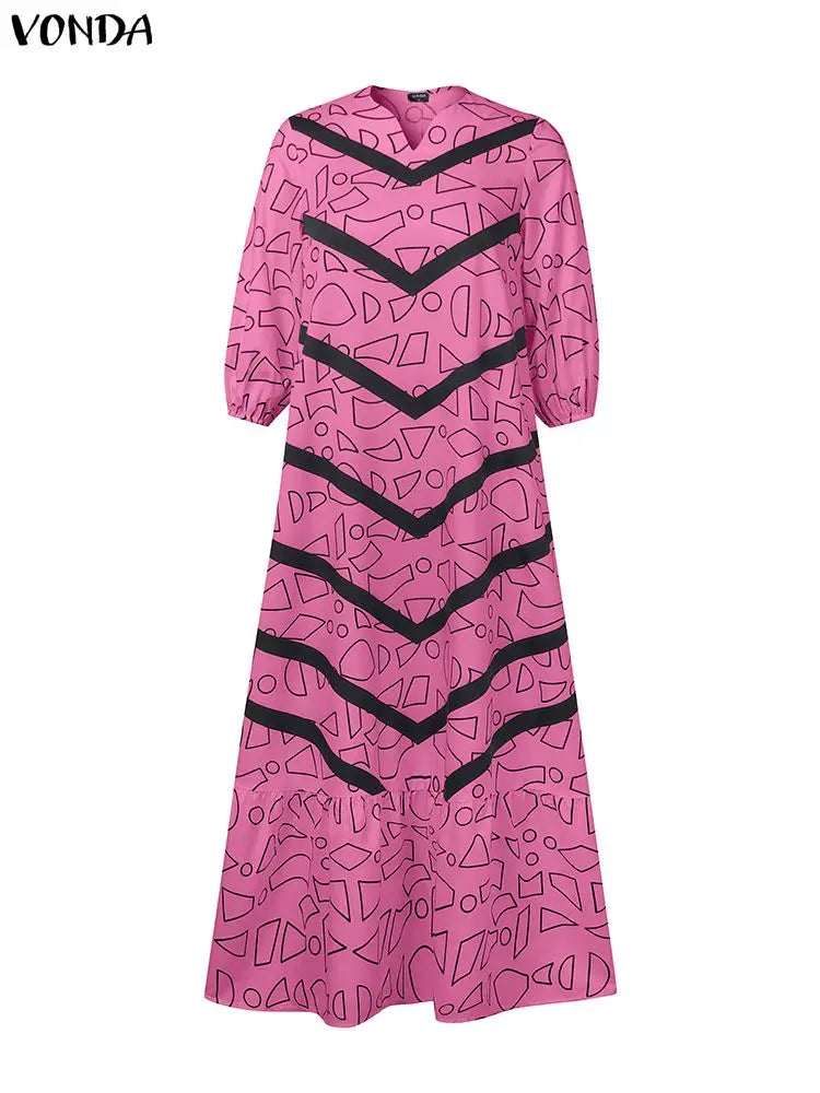 VONDA Plus Size Ruffled Women Bohemian Vestidos Autumn Long Maxi Robe Print Party Elegant 3/4 Sleeve Casual Loose Dress 5XL