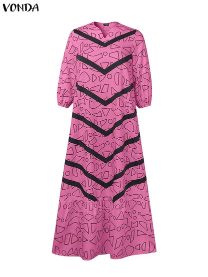 VONDA Plus Size Ruffled Women Bohemian Vestidos Autumn Long Maxi Robe Print Party Elegant 3/4 Sleeve Casual Loose Dress 5XL