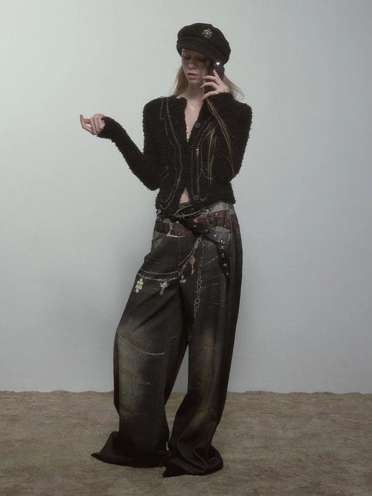 High Quality Hot Selling Wholesale 2025 New Virtual Digital Printed Retro Fashionable Personalized Wide Leg Jeans Pants Women