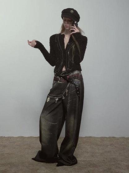 High Quality Hot Selling Wholesale 2025 New Virtual Digital Printed Retro Fashionable Personalized Wide Leg Jeans Pants Women