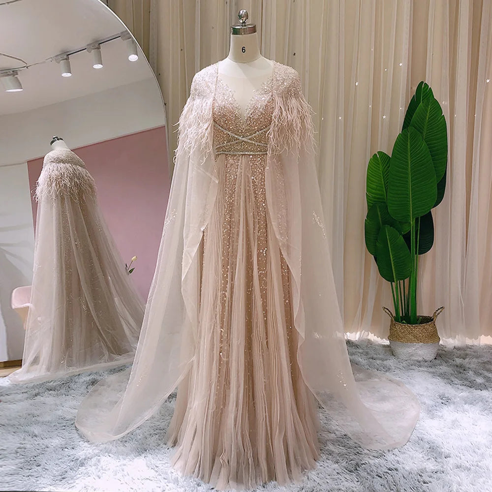 Sharon Said Dubai Luxury Silver Grey Evening Dresses with Feather Cape Shawl Arabic Women Wedding Party Formal Prom Dress SS147