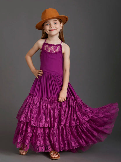 Plus Size Princess Girls Lace Long Dresses Baby Kids Flower Wedding Christmas Party Vestidos Children Clothing For 3-15 Years