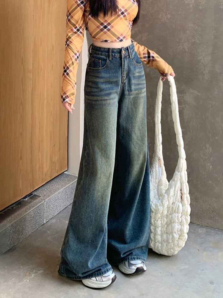 Women's Jeans Denim Pants 2025 Euramerican High Waist Girl Style Jean Trousers Colorful Straight Leg Wide Leg Pants