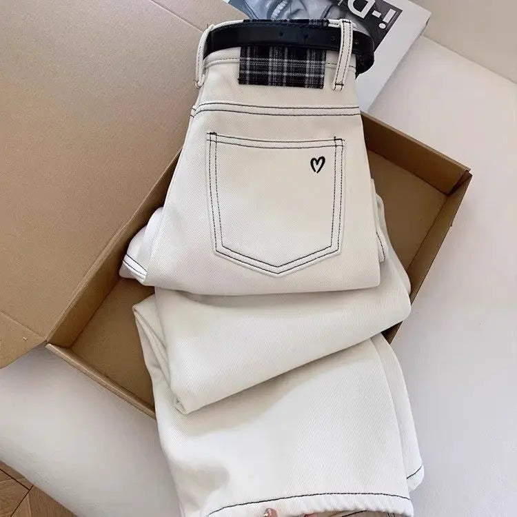 2025 Women's White Jeans High Waist Heart Embroidery Denim Pants Belted Casual Slim Fit Female Fashion Trousers