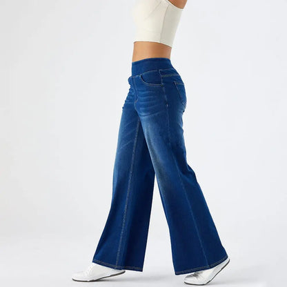 Women Jeans With Pockets Elastic High Waist Solid Color Full Length Pants Straight Wide Leg Trousers Sweatpant Daily Commuting