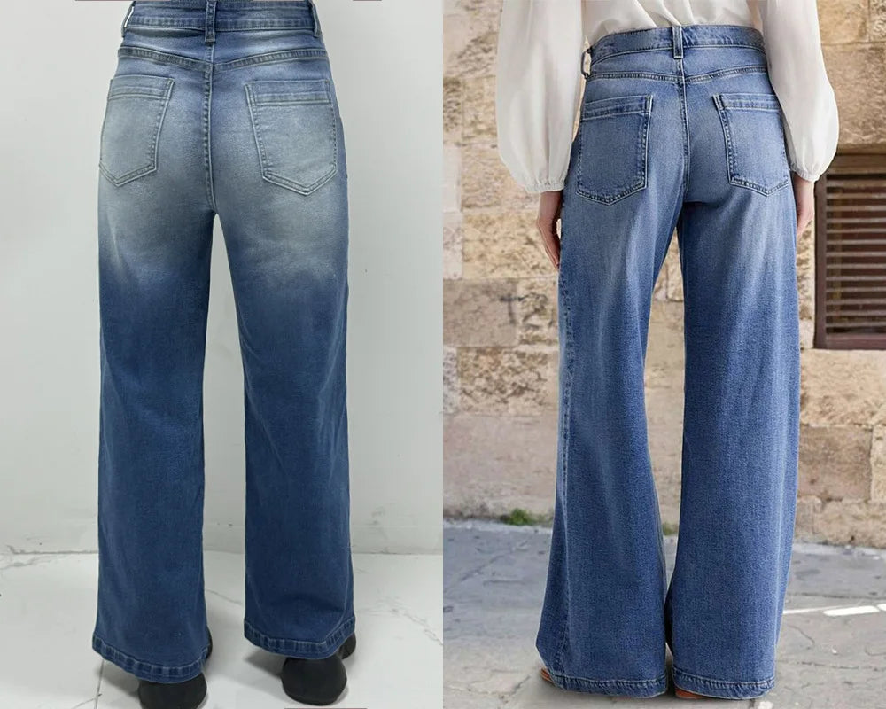 Jeans Women Wide Leg Pants Streetwear Floor Length High Waist Vintage Distressed Washed Embroidery Pockets Denims Trousers