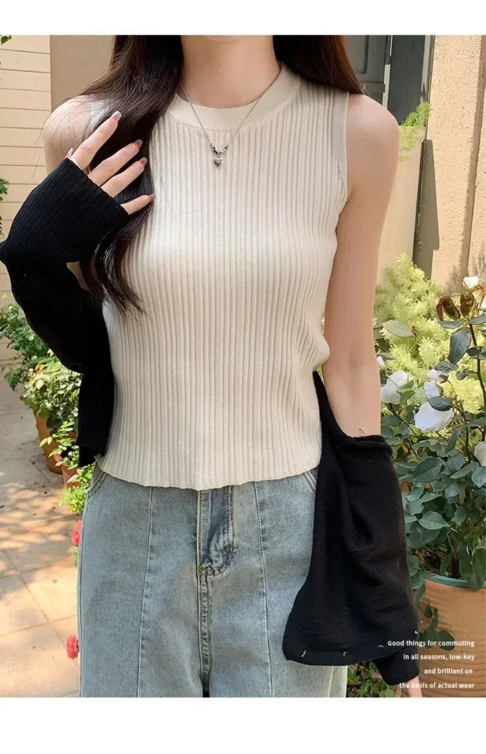 Sleeveless Blouse Shirt Women O-neck Rib Knit Vest Tank Plain Vest Tops Summer Female Basic Casual Tops Outfit