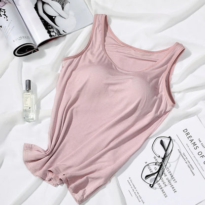 2023 Women's Vest Tops with Built In Bra Neck Vest Solid Color Padded Slim Fit Tank Tops Sexy Shirts Feminino Casual Tank Tops
