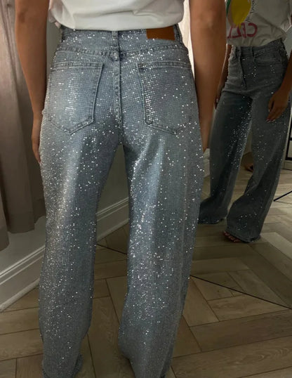 Jeans for Women Straight Diamonds Pants Stretch High Waist Washed Mom Jeans Vintage Denims Streetwear Y2k Streetwear Trousers