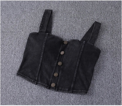 women's clothing sexy Tops For Women crop top fashion button front shirred detail denim top