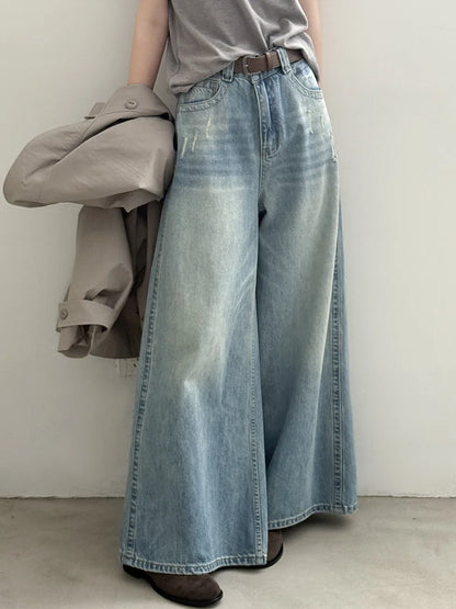 Women's Retro High-waisted Wide-leg Jeans  Loose  Slimming  Drapey  Casual Floor-length Pants for Autumn and Winter