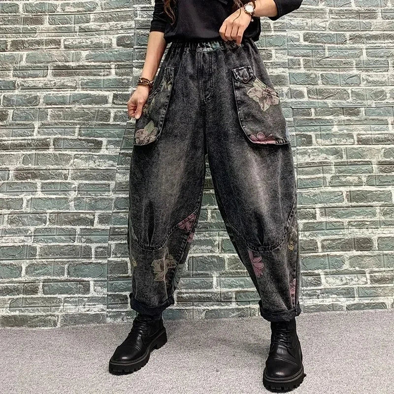 Jeans Woman High Waist Spring Summer Retro Embroidery Denim Trousers Ladies Elastic Waist Harem Pants Loose Jean Femme Pant 124