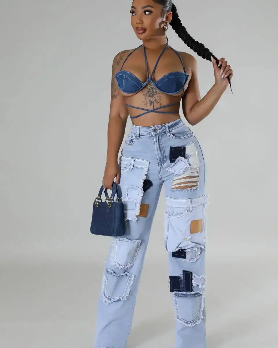 Women Streetwear Cargo Straight Denim Pocket Patchwork Wide Leg Jeans Pants Fall Fashion Ripped Out Party Trousers