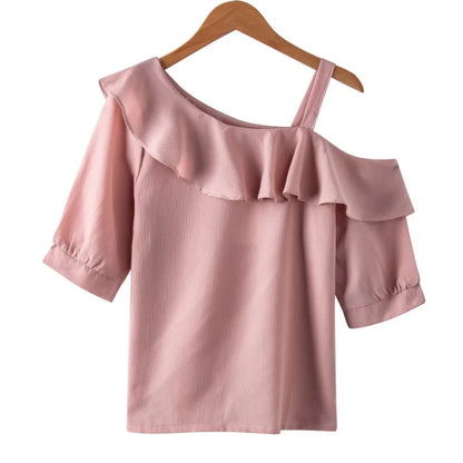Women's Shirt Tops Fashion One-Shoulder Ruffles Short-sleeved Tops Chiffon Tops S-XXL