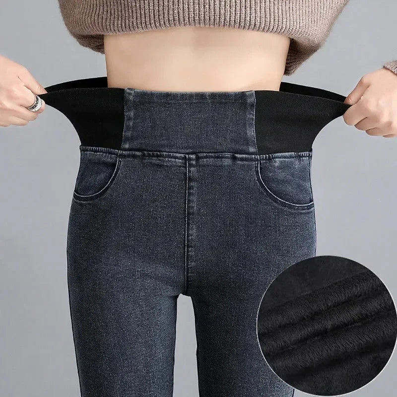 High-waisted Jeans Women's Trousers Autumn and Winter New Slim-fitting Elastic-waisted Trousers with Velvet