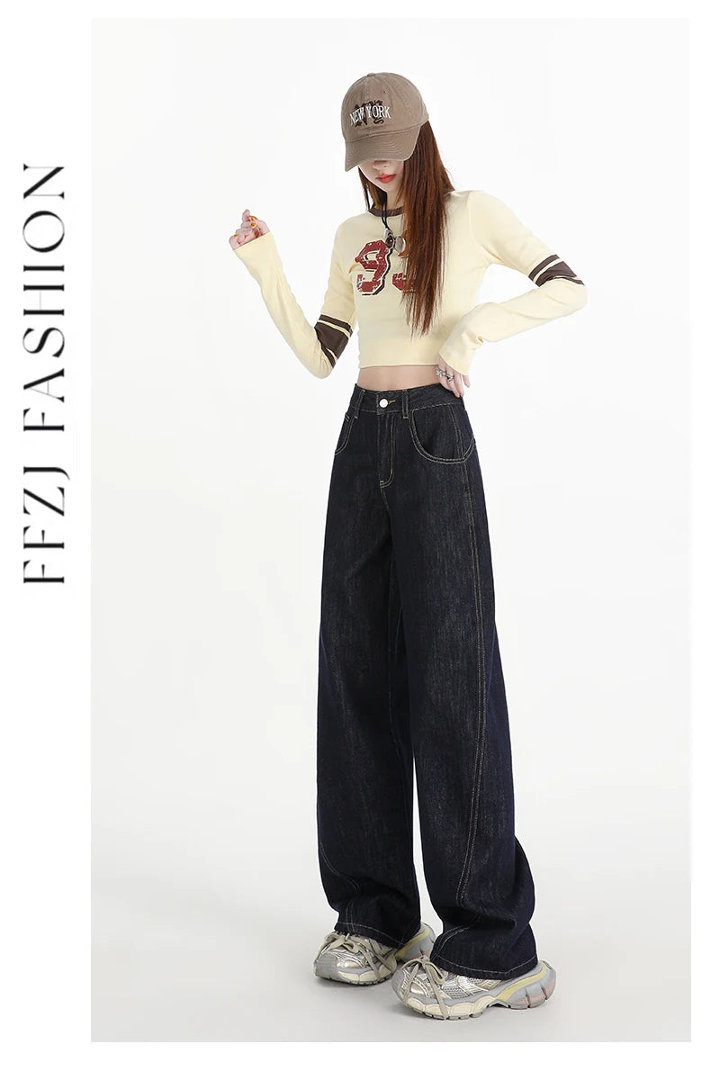 Woman Jeans High Waist Wide Leg Cotton Denim Clothing Design Sense Straight Pant Fashion Comfort White Retro Blue Casual Trouser